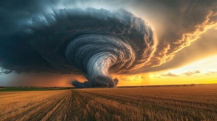 A powerful storm approaches a wheat field with the tornado cloud rolling in