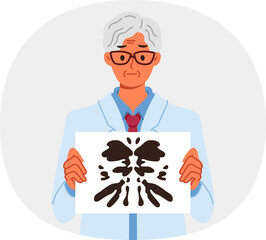 Psychotherapist uses rorschach test to check person mental health and identify mental problems. Gray-haired business man with rorschach test to check adequacy of candidate for vacant position