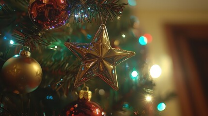 Christmas Tree with Star Ornament and Colorful Lights Holiday Decoration