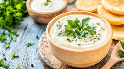 Onion rings stacked like a tower, golden crispy batter, side of dipping sauce
