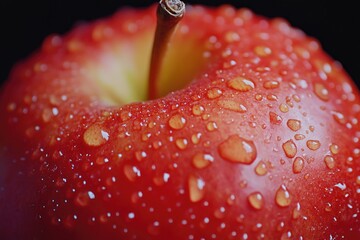 A close-up shot of a red apple with water droplets glistening on its surface