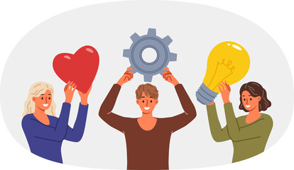Team of people brainstorming together in search of idea, holding icons with light bulb and gear or heart. Happy team discussing marketing plan and smm strategy for promotion on social networks