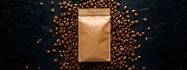 A brown coffee bag mockup on a black background with scattered raw
