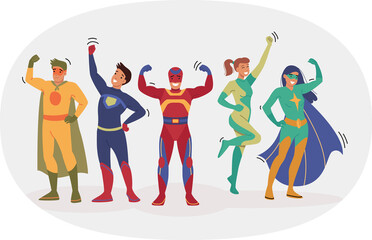 Team of superheroes raise hands in air, celebrating victory over villain thanks to collaboration. People in superheroes costumes are proud of achievements in destroying bandits and criminals © aprint22com