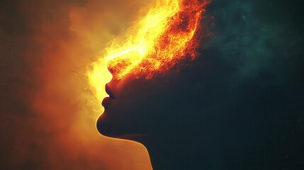 Woman Silhouette with Fiery Hair and Dramatic Background Lighting Effect