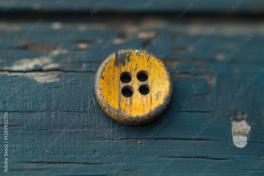 Poster a single wooden button sits on a smooth blue wooden surface, perfect for adding a touch of natural e
