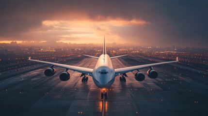 large airplane on runway at sunset with dramatic clouds and city lights