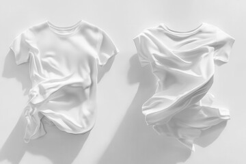 minimalist white tshirt floating in space with dynamic folds and shadows front and back views in perfect symmetry