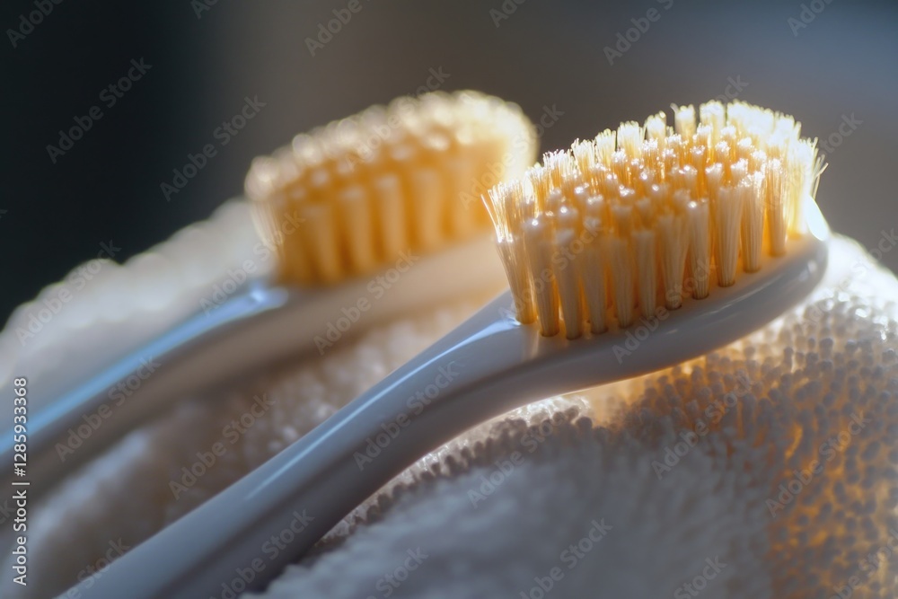Poster a pair of toothbrushes resting on a towel, simple and clean