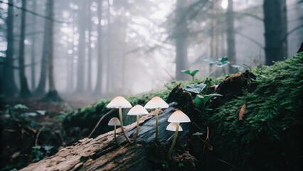 Obraz premium Lush Green Ravine. Lush green ravine with bioluminescent mushrooms glowing softly on moss, creating a serene space for inspiration.