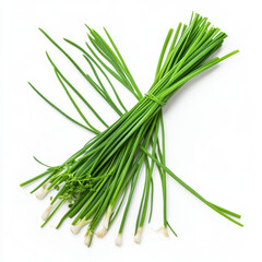 fresh bundle of chives is isolated on white background, showcasing their vibrant green color and slender shape. chives are neatly tied together, highlighting their freshness and culinary appeal