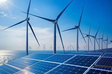 Wind turbines and solar panels under a bright sky near the ocean, showcasing renewable energy