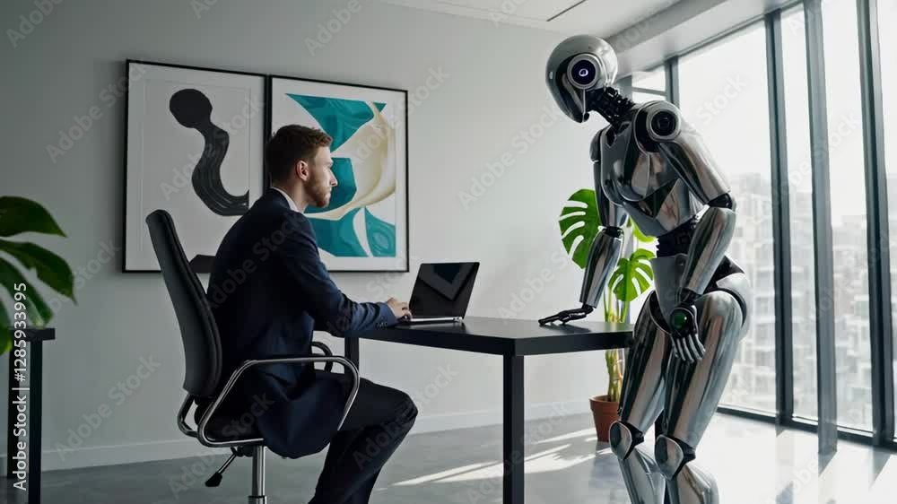 Poster corporate professional working on laptop alongside metallic humanoid robot, symbolizing technologica
