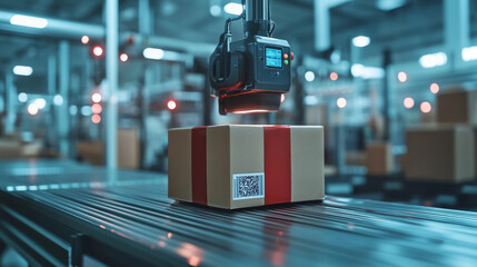 high tech barcode scanner inspects package on conveyor belt in warehouse