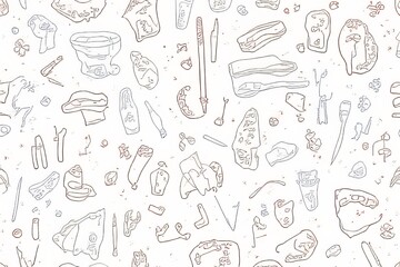Archaeological Dig Artifacts Pattern Design - Line Art Illustration