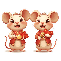 Naklejka premium Adorable Chinese New Year Mice Holding Red Envelopes and Coins