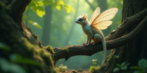 Whimsical winged creature perched on a mossy forest branch, basking in the soft sunlight filtering through the leaves.
