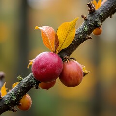 Autumnal Plums on Branch with Colorful Leaves
