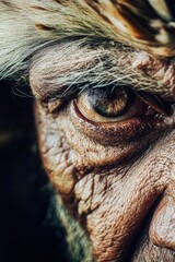 A close-up shot of an elderly person's facial features, showcasing deep wrinkles and age-related characteristics