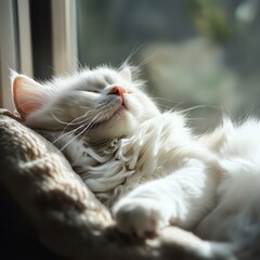 Serene white cat sleeping by a window in soft sunlight with fluffy fur and peaceful expression.