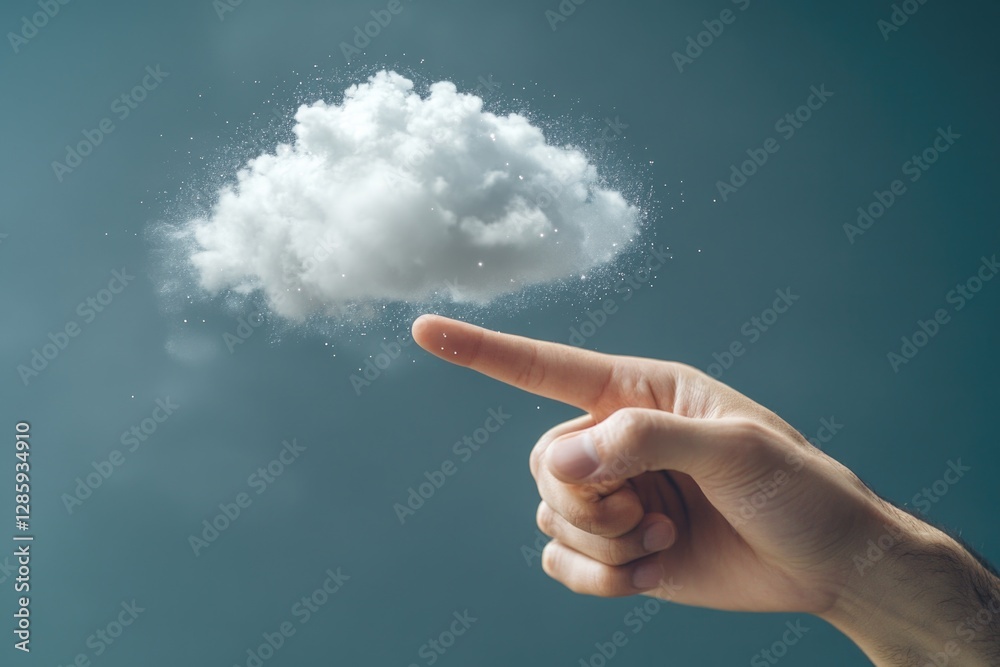 Poster a person's hand is pointing upwards towards a cloud, suggesting a connection to the sky and possibly