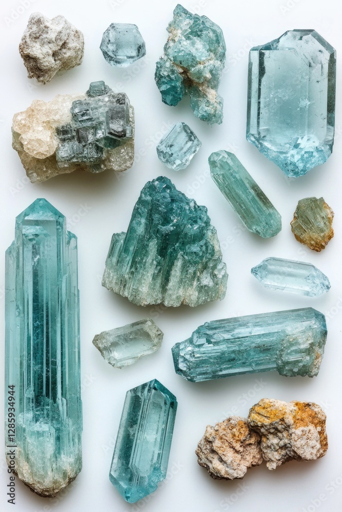 Poster a collection of colorful crystals placed on a clean white surface