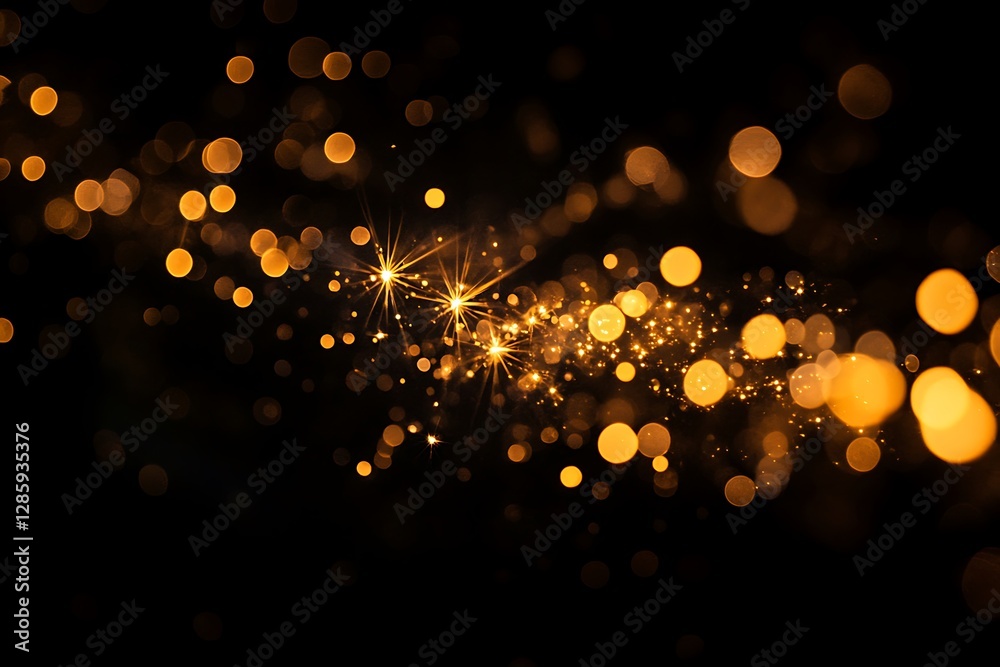 Poster golden sparkles and bokeh lights on black background.