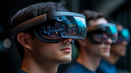 Business executives using AR headsets for immersive experiences