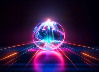 A vibrant sphere of light, a double exposure effect, glows with neon trails, creating a futuristic and dynamic abstract design against a dark backdrop with radiating lines.