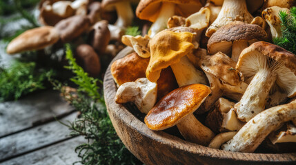 wooden bowl filled with variety of medicinal mushrooms sits on rustic wooden table, surrounded by greenery, showcasing their earthy textures and colors