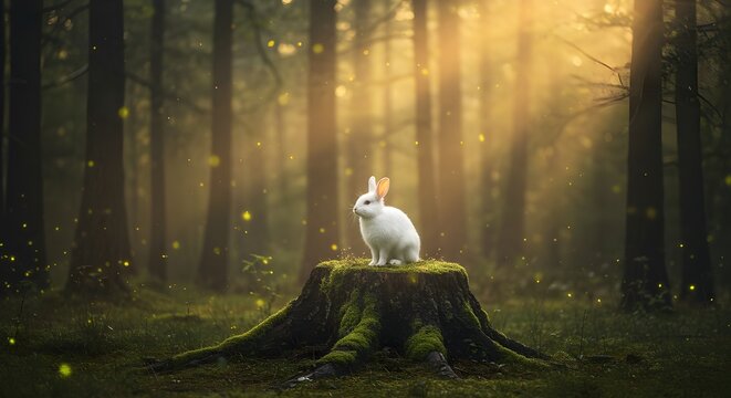 Conejo blanco m&iacute;stico en un bosque brumoso