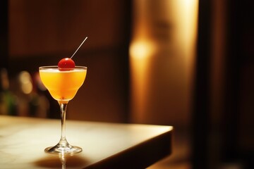 A glass filled with orange juice and topped with a single cherry, perfect for a refreshing beverage