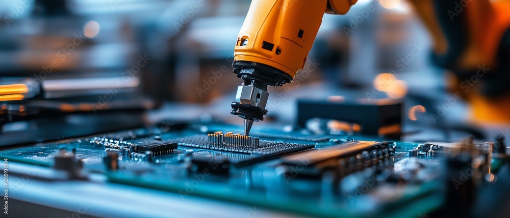 Poster robotic arm assembling components on an electronic circuit board in a modern manufacturing plant