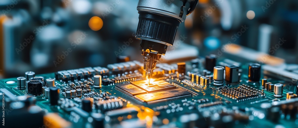 Poster robotic arm assembling components on an electronic circuit board in a modern manufacturing plant