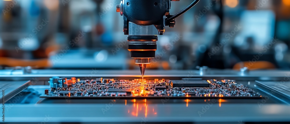Poster Robotic arm performing intricate work by placing components on an electronic circuit board in a modern manufacturing plant