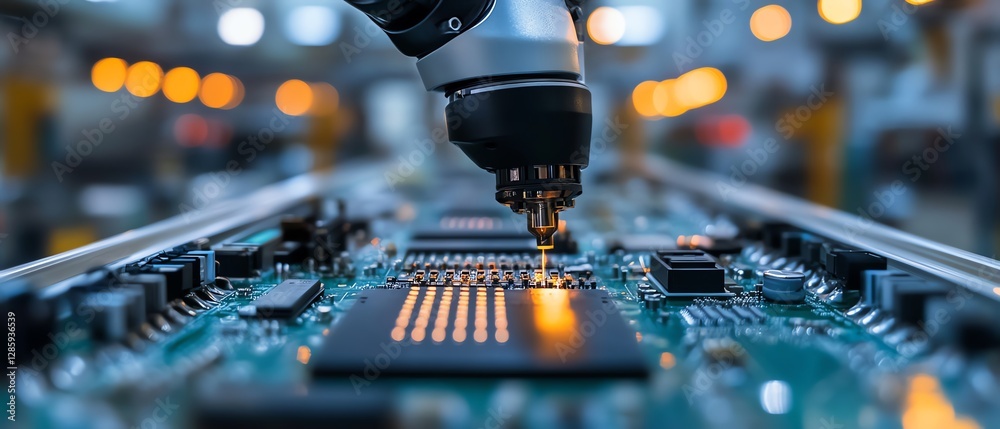 Aufkleber Robotic arm performing intricate work by placing components on an electronic circuit board in a modern manufacturing plant