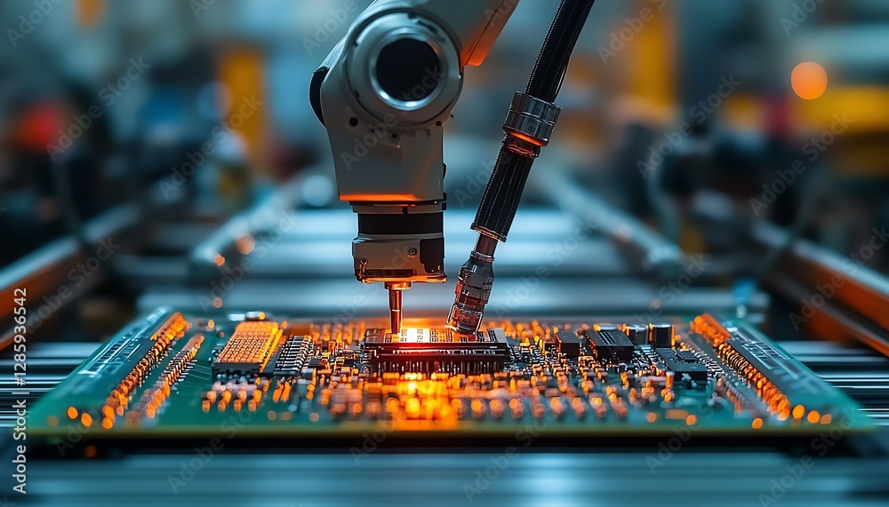 Poster robotic arm precisely placing components on an electronic circuit board in a modern manufacturing pl