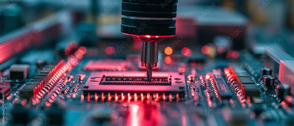 Poster robotic arm precisely placing components on an electronic circuit board in a modern manufacturing pl