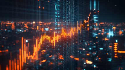 Fototapeta premium City skyline with digital financial graph showing market trends during night time