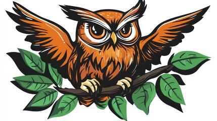 Obraz premium Cartoon owl perched on branch, foliage background. Possible use children's book illustration