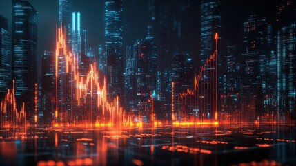Night cityscape with glowing data visualizations highlighting trends and fluctuations in a busy metropolis