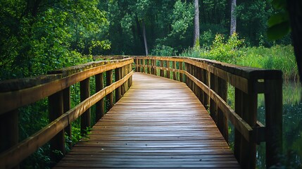 Fototapeta premium Walking on a Wooden Path Through Green Forest Nature Trail