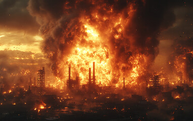 "Massive Industrial Explosion with Flames and Billowing Smoke"  
