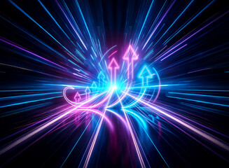 Obraz premium Vibrant double exposure of glowing arrows radiating outward in blue and pink hues on a dark backdrop, creating a futuristic and energetic visual.