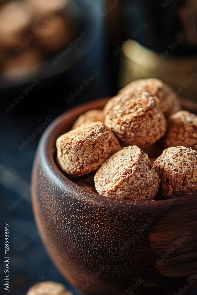 Poster a wooden bowl filled with various types of nuts sitting on a table