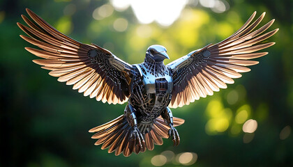 Obraz premium Stunning image of a robotic bird in flight against a bokeh background. Metallic details and intricate design showcase futuristic technology. Perfect for tech, nature, or fantasy projects.