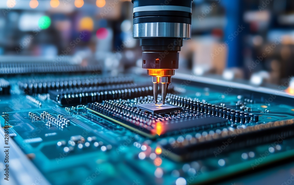 Aufkleber Automated robotic arm placing components on an electronic circuit board in a modern manufacturing facility