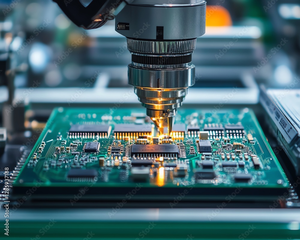 Aufkleber automated robotic arm placing intricate components on an electronic circuit board in a modern manufa