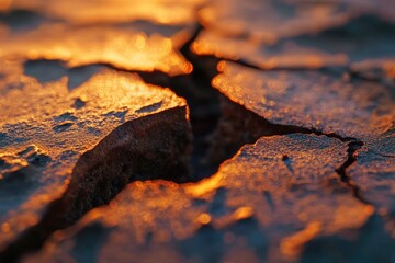 A crack in the ground with a beautiful sunset in the background