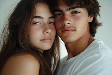 A couple hugging each other on a white background